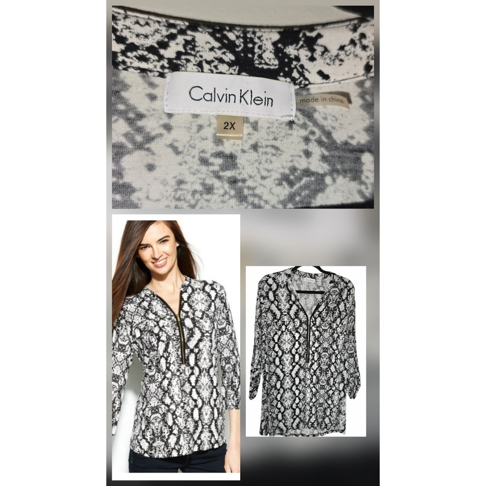 Calvin Klein Sleek Snake Business Gauze Blouse Women's Plus Size 2x Neutral